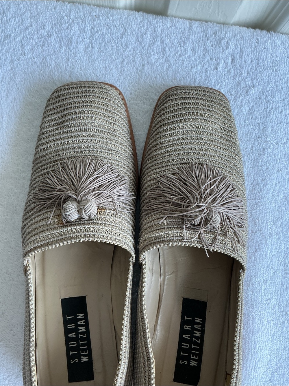 Stuart Weitzman Taupe Raffia Tassel Slip-Ons - Picture 7 of 15